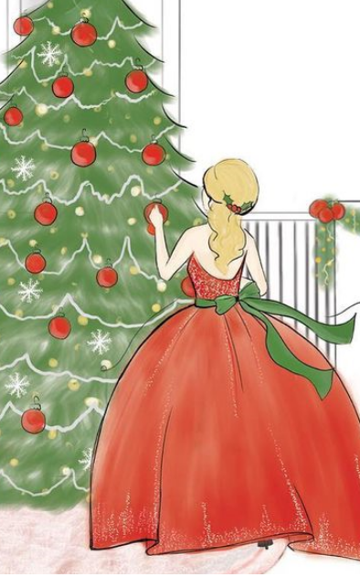 Christmas watercolour illustration by Liv Lorkin. A woman has her back to the image and is wearing a long flowy red Christmas dress with a green bow. She has long blonde hair and has a misletoe and berry embellishment in her hair. She is placing a red bauble onto a tall green Christmas tree that is covered in red baubles, gold circles and snowflakes.