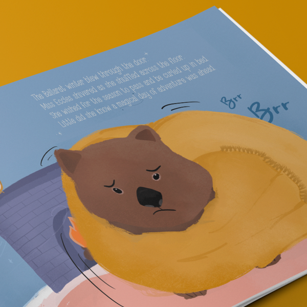 And up-close image of an illustrative page of the Winter in Ballarat children's book by Liv Lorkin. The page features an up-close version of Miss Eccles cuddled up in a winter blanket.