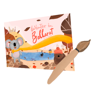 A small cover of Winter in Ballarat Children’s Book it's not perfect then with a brown paint brush in front of it.