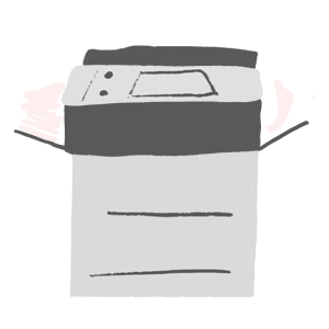 An illustrated grey printer with white paper coming out of it