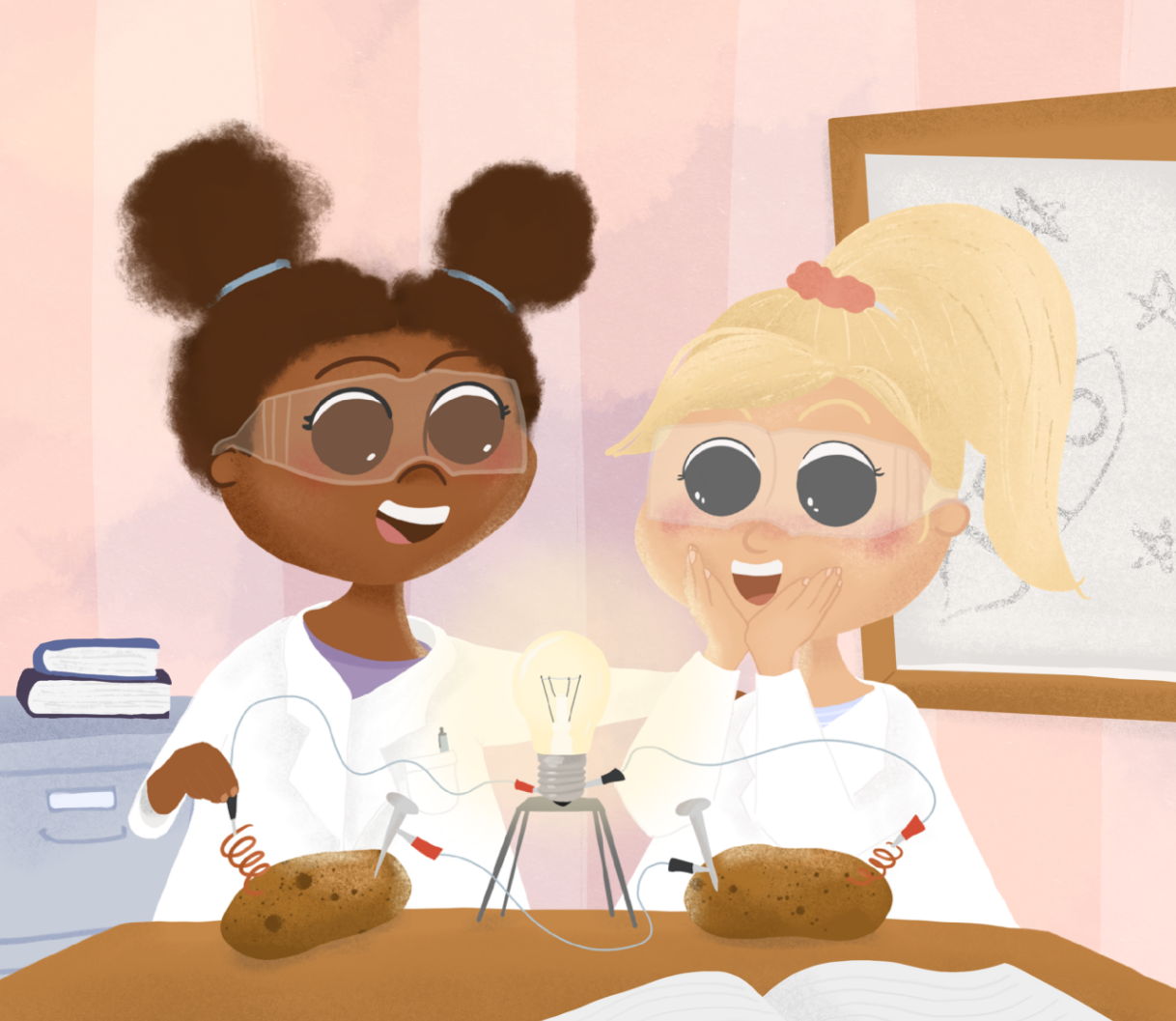 Two children are in a warm and colorful school science room. One child is holding a wire to a potato, while the other looks happy and surprised that the wire can light up a light bulb. Educational and fun science experiment for kids.