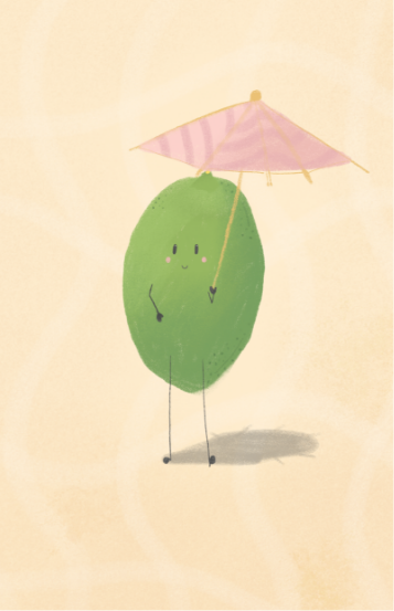 Green lime with smile and cheek blush, holding cocktail umbrella on textured yellow background with swirly lines.