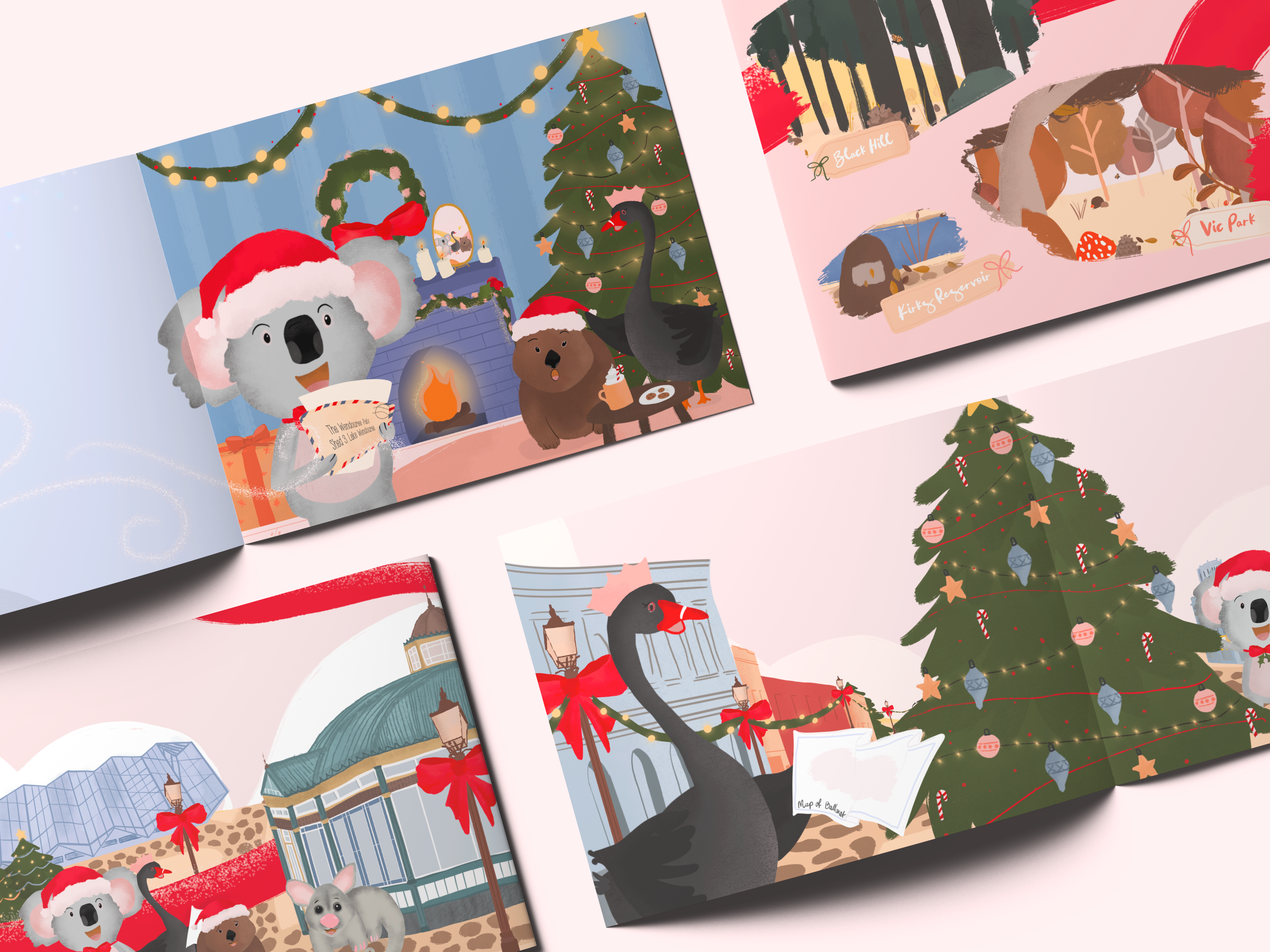 Image of four book spreads open onto illustrated scenes from the 'Christmas in Ballarat' children's book by Liv Lorkin, featuring Christmas-inspired illustrations with tones of green, red, and blue. The scenes show Miss Eccles, Lynnie, and Herbert going on adventures in each page.