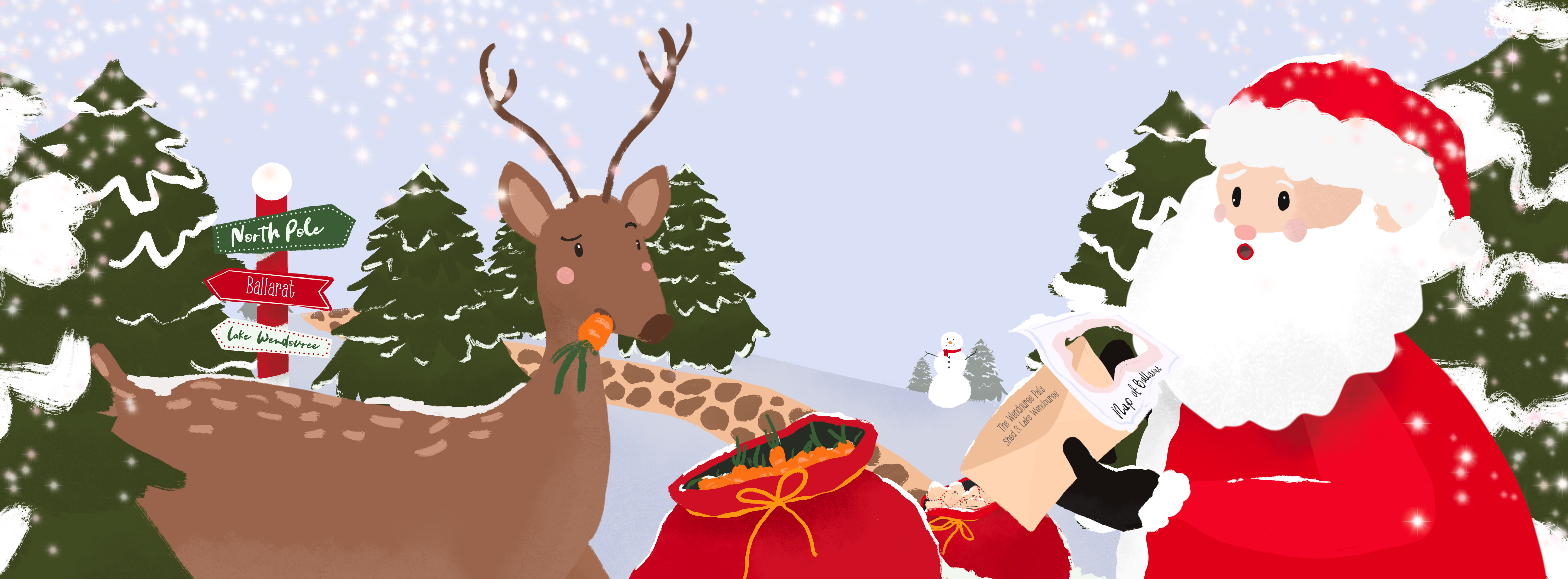 Image of an illustration from the 'Christmas in Ballarat' children's book by Liv Lorkin, depicting Santa looking surprised at a hole in the paper map of Ballarat, while a cheeky reindeer with a carrot in its mouth looks on curiously. The background shows a snowy scene from the North Pole.