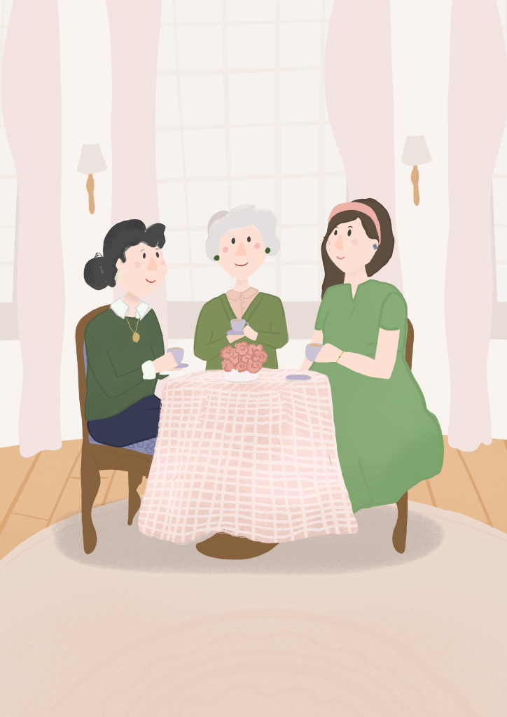 Three generations of women wearing green clothing sitting around a pink table with pink flowers and purple tea cups. Late mother Lynette and late grandmother Julie sit at the table with Liv Lorkin beside them drinking tea in a beautiful pink cafe - illustration by Liv Lorkin.